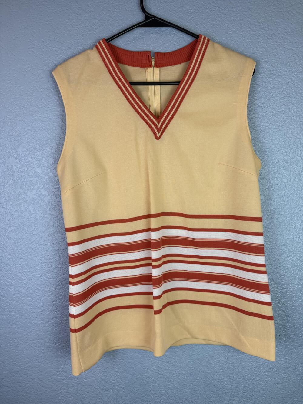 Vintage Mod Striped Shirt Womens Small Yellow Orange Sleeveless V-Neck Knit 60s
